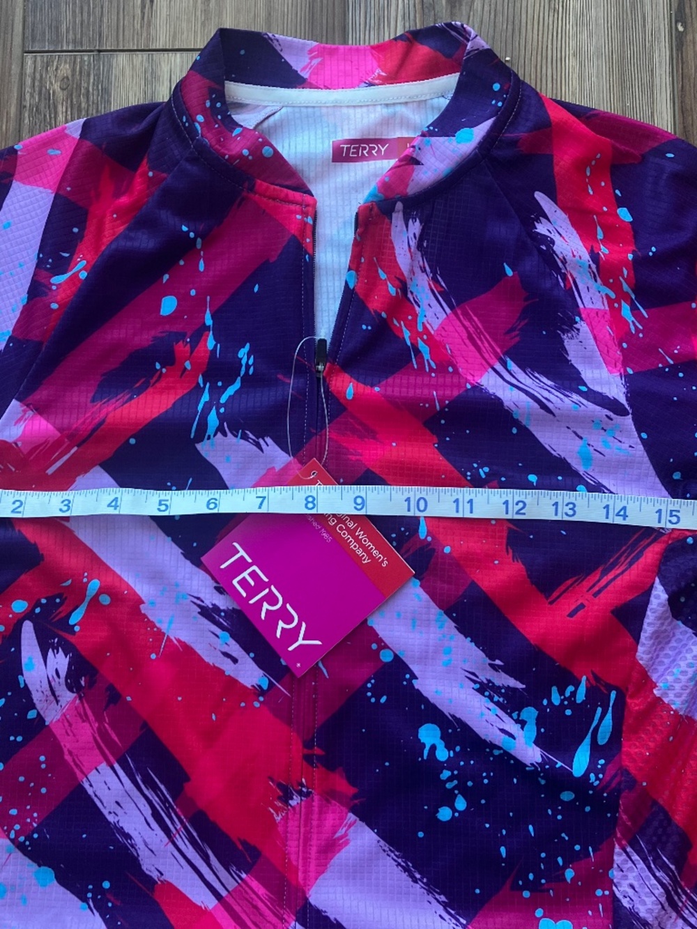 Terry Women's Large Cycling Jersey Full Zip Pink Purple Artistic Back Pocket NWT - Picture 2 of 7